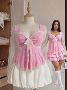 Comfortcana Plus Size Bow Lace Sweet Doll Collar Sheer Blouse - Baby Pink - View 1
