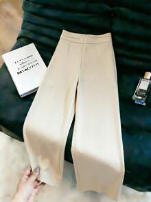 SHEIN LUNE Women's High Waist Wide Leg Pants With Right Pocket And Button Decor - Khaki - View 2