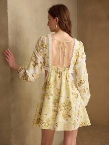 MOTF PREMIUM PATCHWORK FRILL TRIM FLORAL PRINT DRESS - Yellow - View 3