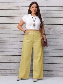 EMERY ROSE Plus Size Women's Solid Color Button Dual Pocket Loose Casual Denim Jeans Formal Light Yellow Summer - Yellow - View 6
