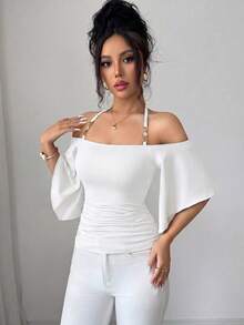 SHEIN Elenzya 女款素色細肩帶T恤，露肩半袖極簡優雅修身抓皺上衣，春夏季新款，適合日常、音樂節、晚餐、派對，復古百搭 - 白色 - 查看 4