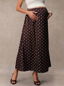 MaterniChic Maternity Bottoms Autumn Pregnant Versatile Polka Dot Print Adjustable Waist Maxi Skirt Baby Shower Fall Elegant - Brown - View 6