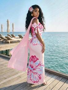 Slaydiva Nuevo estilo de verano, perfecto para fiestas de cumpleaños, regreso a la escuela, preppy, ropa de estudiante, salidas diarias, básico y versátil, casual, vacaciones, viajes en crucero, playa, , tomar el sol, estilo en línea, estilo callejero, chica sexy milenial Y2K, vestido de malla con lazo de un hombro, estampado floral grande, bloqueo de color macaron, vestido largo ajustado - A - Rosa - Ver 2