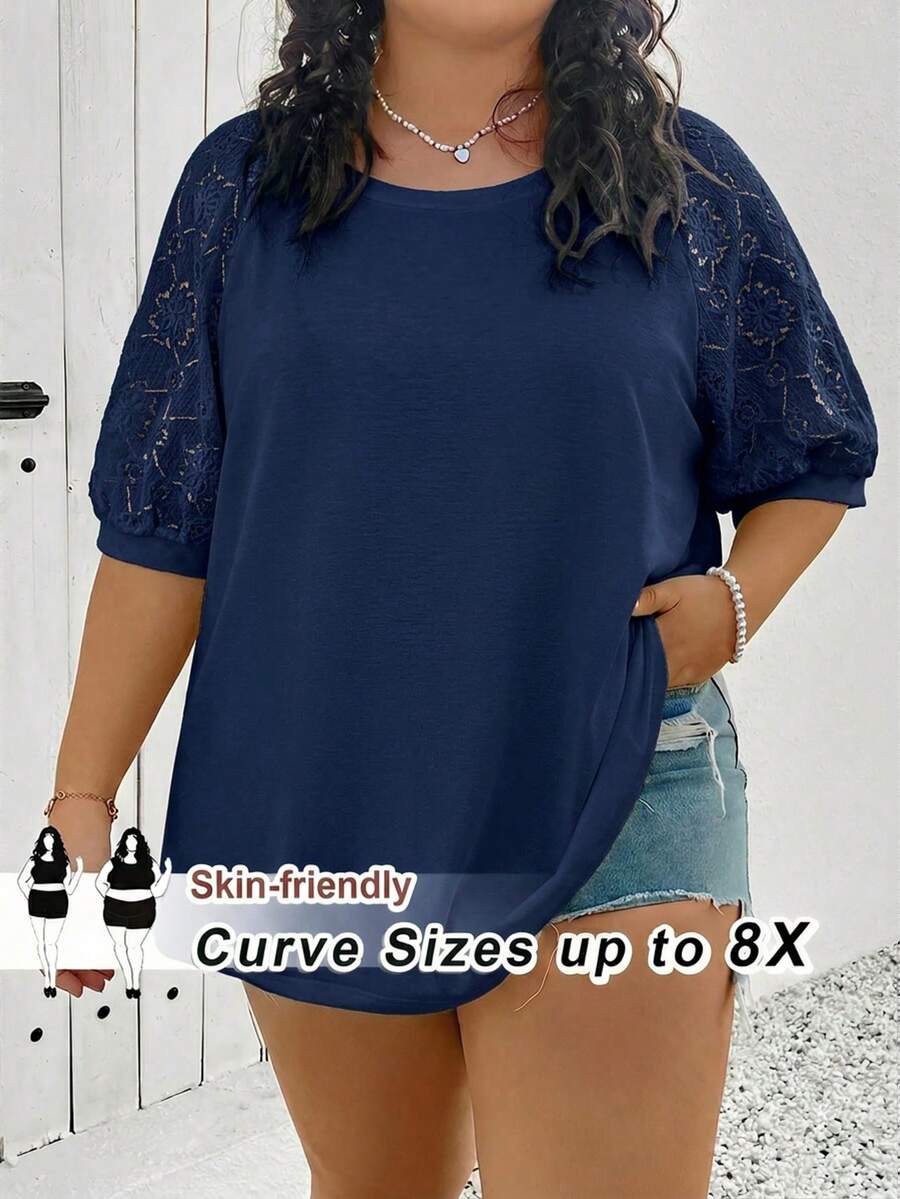 SHEIN CURVE+ 大码女式拼接不同材质上衣,白色T恤 - 藏蓝色 - 查看 1