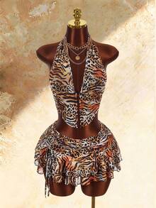 Amplova Women's 2-Piece Leopard Print Sexy Tie-Dye Halter Top And Ultra Low-Rise Mini Skirt Set - Multicolor - View 3