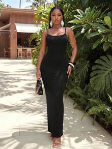Swim SXY Women Solid Color Spaghetti Strap Backless Sleeveless Black Dress - Black - View 3