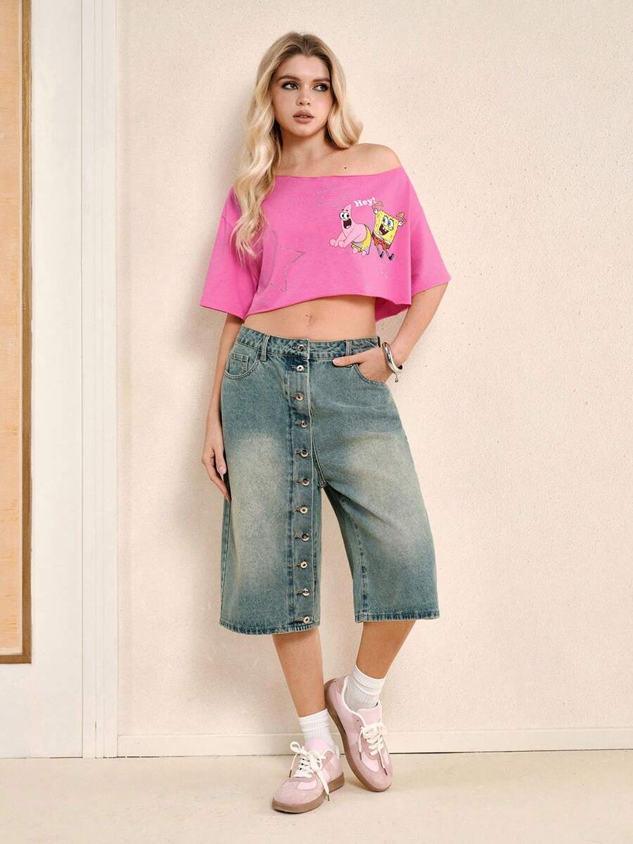 SpongeBob SquarePants | SHEIN Women's Asymmetrical Shoulder Short Sleeve Cropped Casual Sexy T-Shirt, Golf Lilac - Pink - View 1