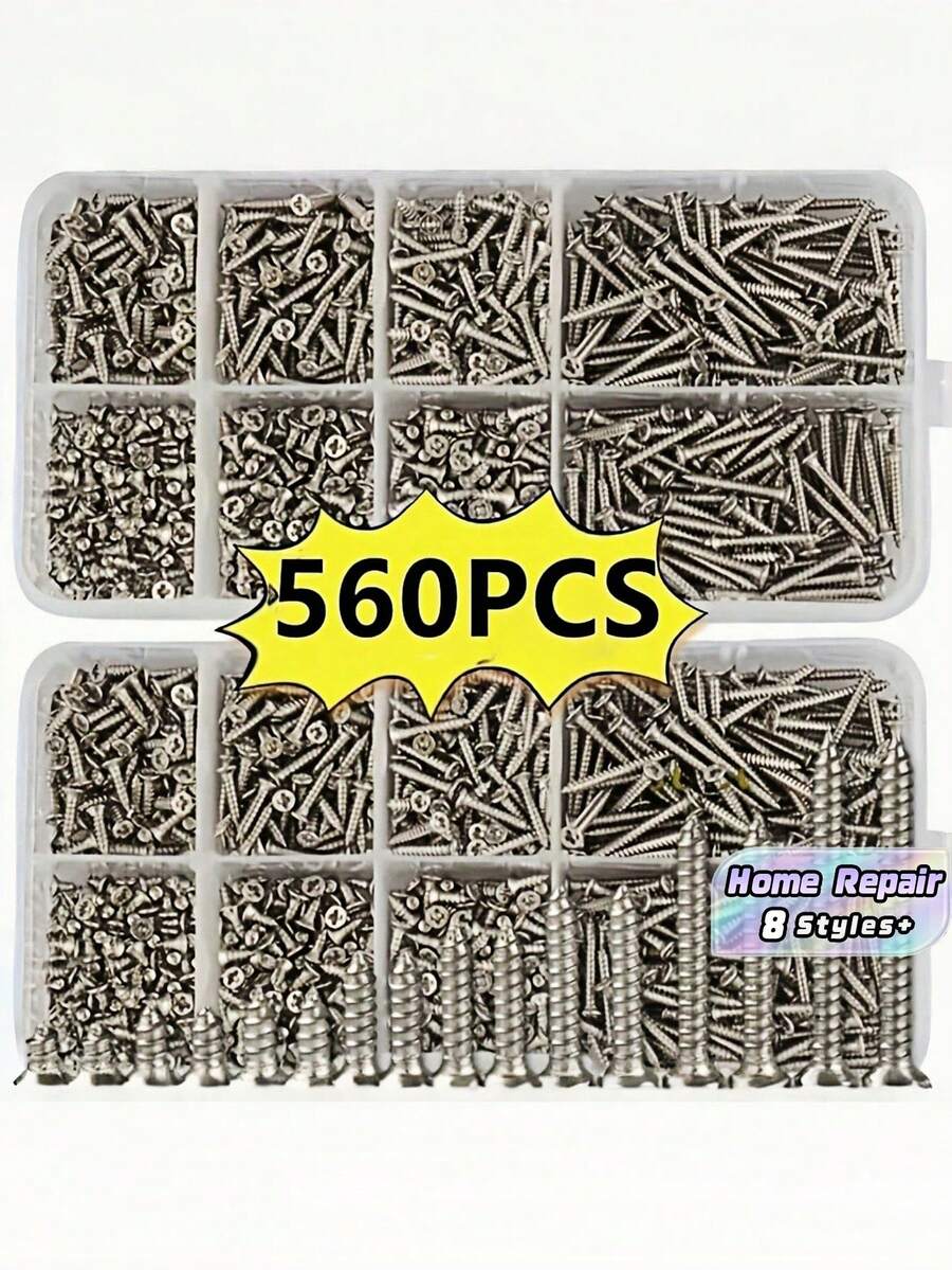 Set Sekrup Kayu Self-Tapping 560 Buah dalam Kotak, 8 Ukuran Berbeda M2, Kit Klasifikasi Sekrup Logam dengan Kotak Penyimpanan untuk Pengerjaan Kayu, Perbaikan Furnitur, DIY, dan Perbaikan Rumah. - 560 buah - View 1