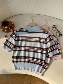 SHEIN EZwear 2件套 女士春夏新款针织条纹Polo领短袖上衣，学院风品牌，多色条纹图案休闲百搭针织衫 - 彩色 - 查看 2