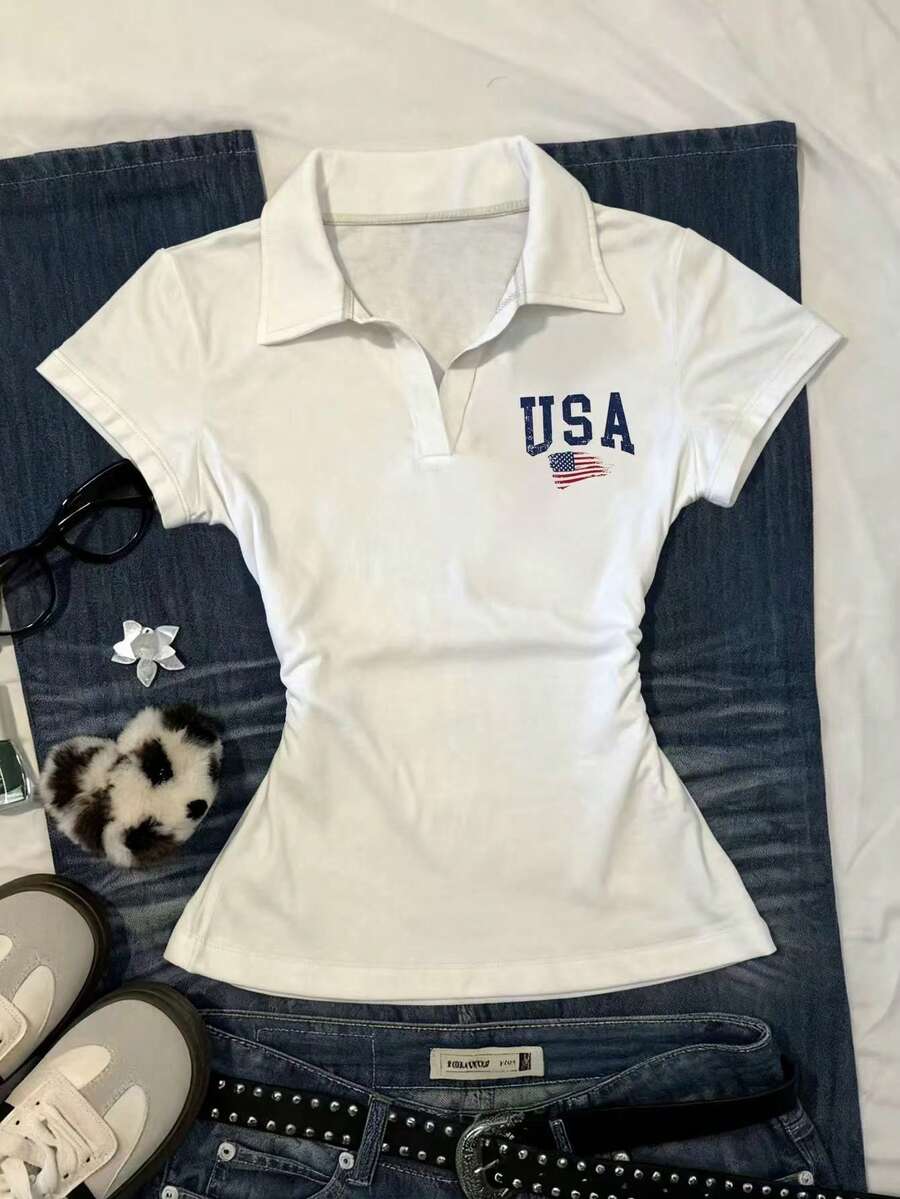 IslaSuriya 女士休闲字母和美国国旗印花 Polo 领短袖 T 恤,夏季 - 白色 - 查看 1
