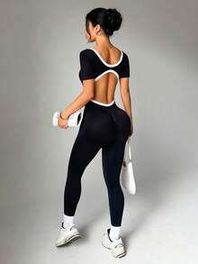 Dewbera Dewbera Women's Contrast Color Backless Short Sleeve Sports Jumpsuit - Black - View 7