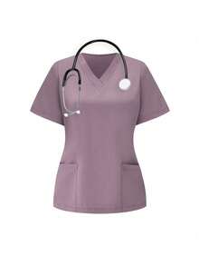 TaskEZ Scrubs Set: V-Neck Short Sleeve Top & Pants Scrub Uniform For Healthcare Workers - Dusty Purple - View 3