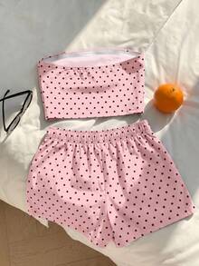 SHEIN EZwear 粉色底棕色圓點 2 件套，適合度假、畢業季、夏季上衣、日常通勤、約會、聚會、秋冬/夏季、聖誕節、新年、感恩節、派對、婚禮、海灘、畢業典禮、時尚、優雅、休閒、外出、約會、預約、通勤、閃亮、情人節、優雅、度假、休閒、Y2K、外出、畢業典禮等 - 彩色 - 查看 2