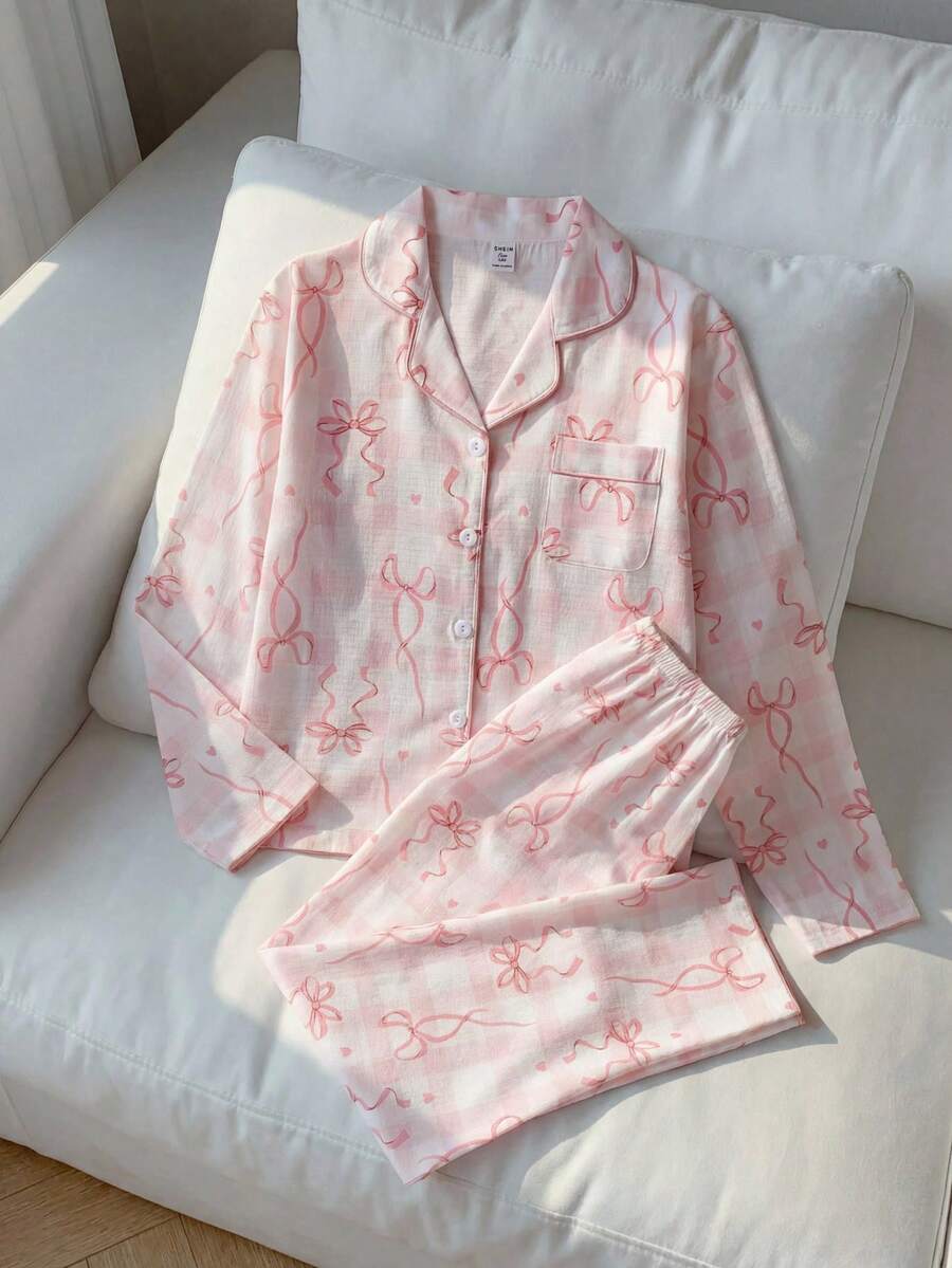 2件套少女杏色简约樱桃印花长袖上衣和裤子休闲舒适家居服 - 彩色 - 查看 1