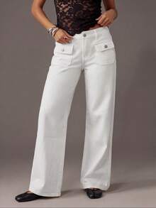 TRNVIE Fashion Casual Vacation Style Patch Pocket Low Waist Straight Leg Jeans - White - View 1