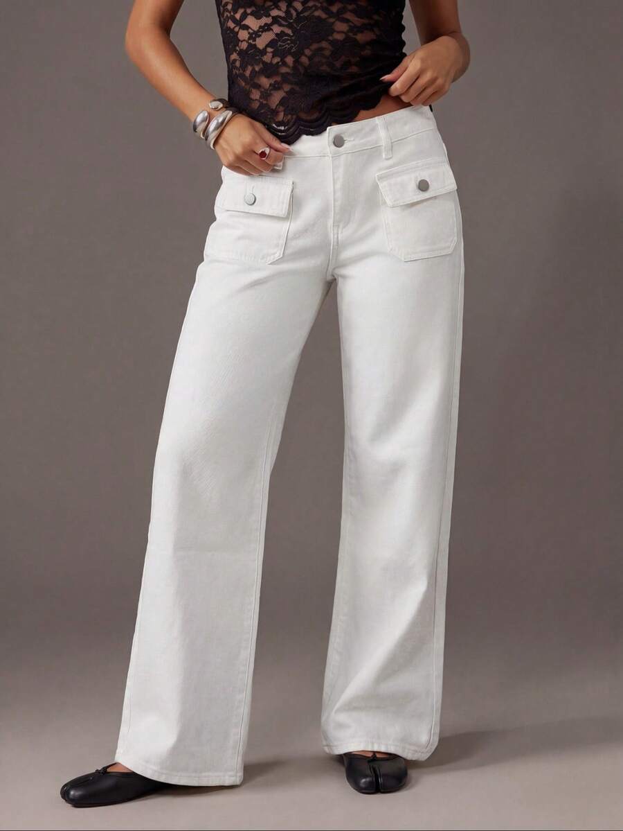 TRNVIE Fashion Casual Vacation Style Patch Pocket Low Waist Straight Leg Jeans - White - View 1