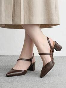 CUCCOO BIZCHIC Dark Brown Soft Leather Cross-Strap Pointed Back Thick Heel Shoes, Commuter Workplace Model - Brown - View 8