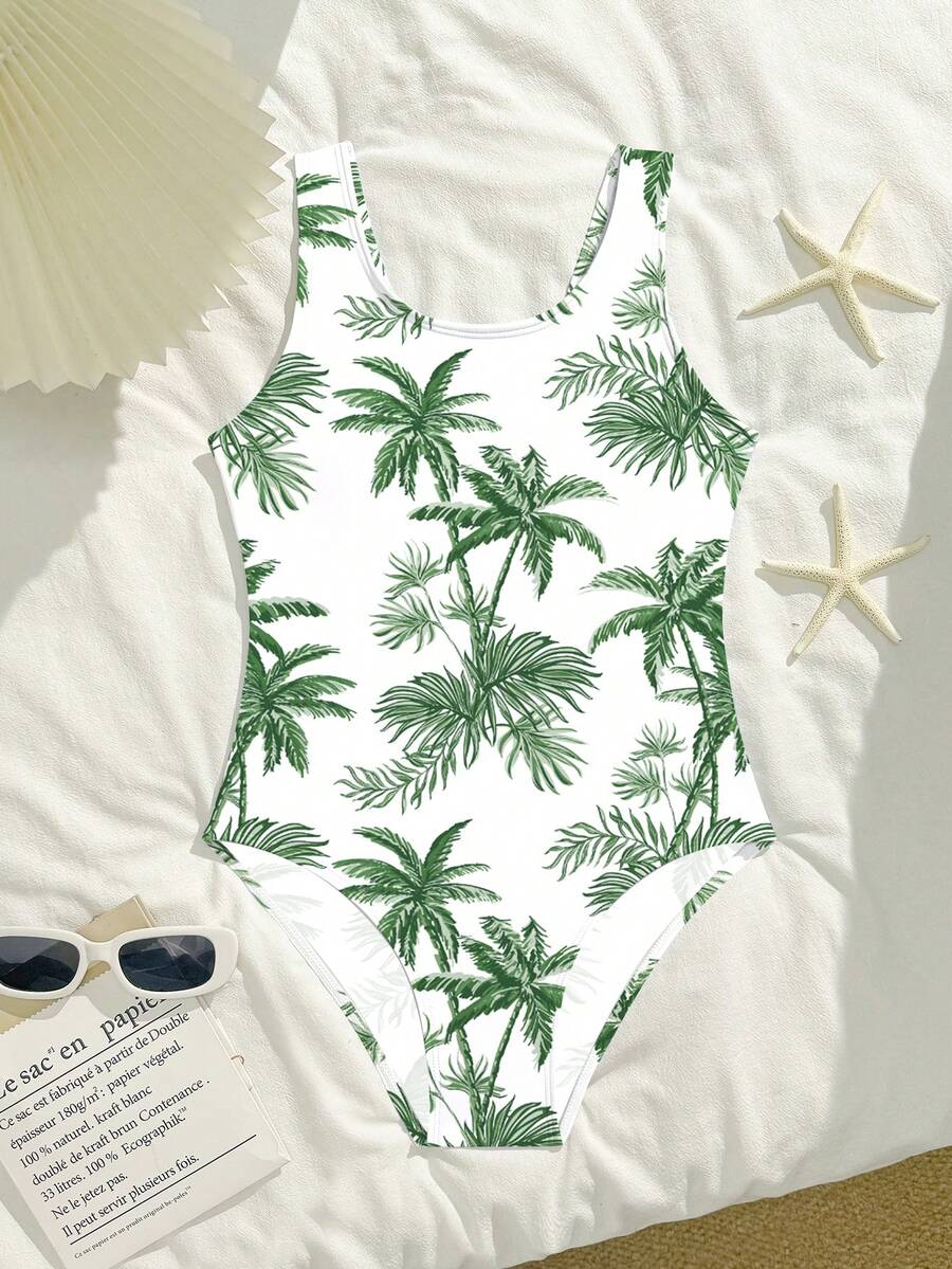 SHEIN 一件随机印花少女连体泳衣,清新夏威夷风,纯白底色搭配水彩绿色棕榈树印花,宽肩带设计,针织面料,时尚休闲,优雅大方,适合游泳、夏季度假、海滩、泳池、派对、休闲假期等场合。 - 彩色 - 查看 1