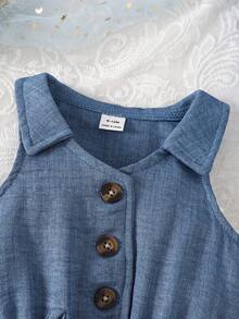 SHEIN Vintaside Kids 女婴优雅基本款露背柔软皱褶面料和牛仔效果休闲连体衣，适合居家和户外穿着 - 藍色 - 查看 6