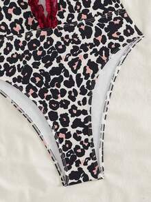 Bonvoyette Brown Polka Dot Random Print Deep V Spaghetti Strap Round Bead Trim Ruffled Mesh Edge Casual Cute Beach Bikini One-Piece Swimsuit For Women, Spring/Summer - Multicolor - View 7