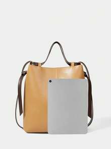 SHECARRY Ladies Brown Tote Bag, Smooth And Soft Flat PU Contrasting Color, Exquisite And Simple, Vintage   Large-Capacity Shoulder Bag,  For Ladies, Mothers, Daily, Commuting, Shopping - Brown coffee - View 5