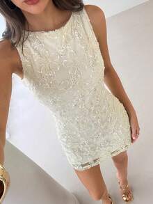 Aloruh 女士性感露背刺绣雪纺迷你连衣裙，A字廓形，适合春夏度假穿着 - 杏色 - 查看 6