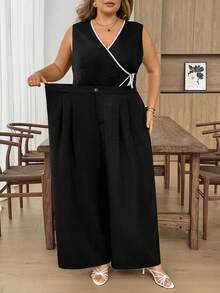 SHEIN CURVE+ Plus Size Women Textured Tie-Front Contrast Color Shirt And Minimalist Casual Loose Wide-Leg Pants Set Vacation Black Summer - Black - View 8