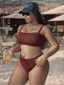 Swim Vcay Bikini estilo europeo y americano en color marrón, traje de baño tipo bandeau ajustado para mujeres - Marrón - Ver 4