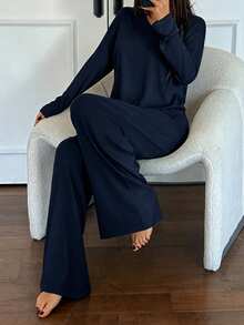 DAZY Minimalist Solid Color Soft Knit Women Pajama Set - Navy Blue - View 5