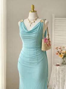 Comfortcana Gaun Tanpa Lengan Model Halter dengan Dekorasi Logam Elegan Ukuran Plus untuk Musim Panas - Mint Blue - View 5