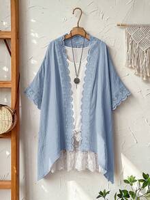 Rusticease Plus Size Women Spring Casual Vacation Solid BlueLace Patchwork Kimono Thin Jacket,Summer - Blue - View 7