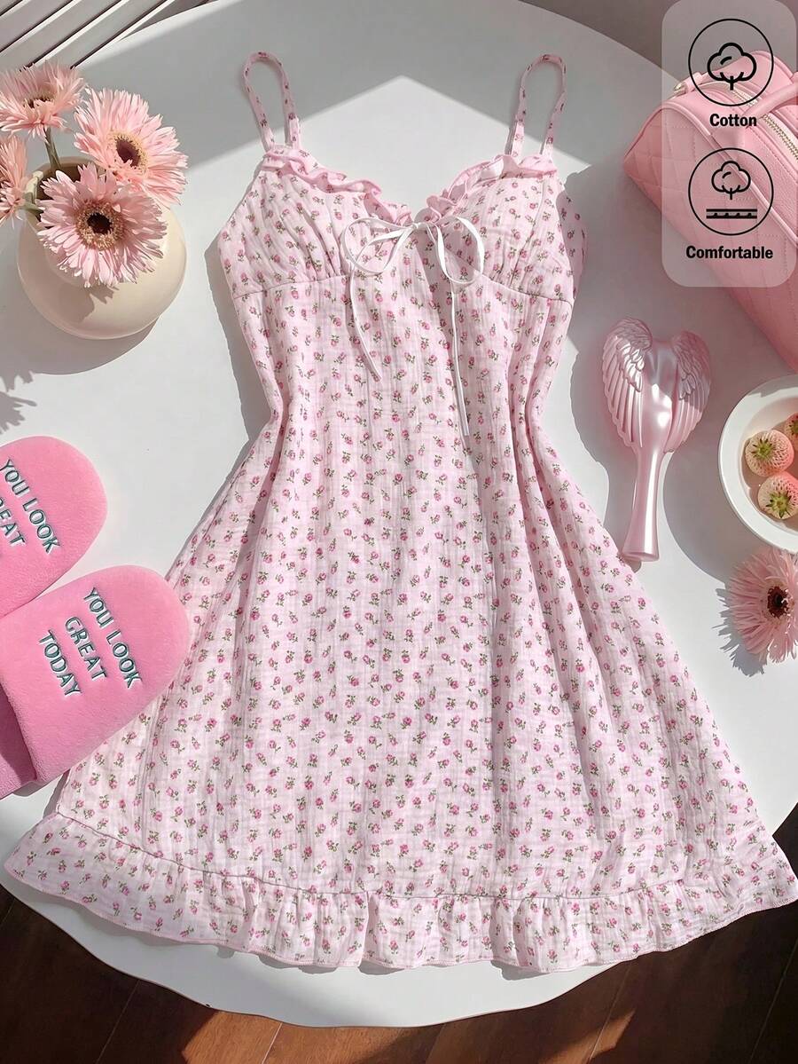Comfortcana Váy ngắn xếp ly mỏng quai vai, họa tiết hoa phối hợp, chất liệu 100% cotton nguyên chất, mẫu mới Xuân/Hè 2026 dành cho nữ, thích hợp cho các dịp: Mùa đông, Lễ Phục sinh, Tiệc tùng, Đi biển, Đám cưới, Lễ tốt nghiệp, Thanh lịch, Thường ngày, Kỳ nghỉ, Thể thao, Trang trọng, Phong cách Y2K, Công sở, Có đính sequin, Tua rua, Bèo nhún, Hoa, Họa tiết đồ họa. - Hồng - Xem 1