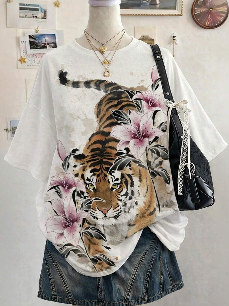Lalippa Tiger Digital Print Oversized Loose Fit Mid-Length Round Neck Drop Shoulder Women T-Shirt, Gift For Friends - Multicolor - View 1