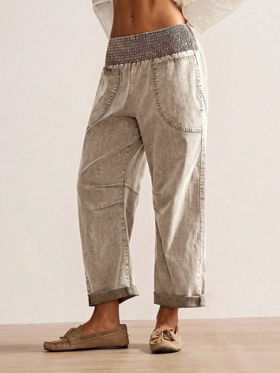 Bohemela Plus Size Casual Washed Denim Effect Pants Fall - Mocha Brown - View 1