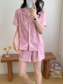 SHEIN 女童甜美蝴蝶结短袖翻领休闲短裤睡衣套装 - 粉色 - 查看 2