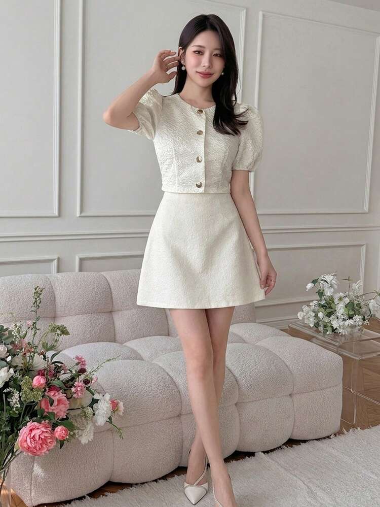 2pcs/Set Petal Sleeve Top And High Waist Skirt, Textured Knee-Length Outfit