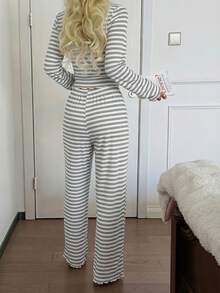 SHEIN Lace Trim Square Collar 2-Button Striped Print Long Sleeve Curve Pajamas Set , Fall & Winter Clothes - Light Grey - View 2