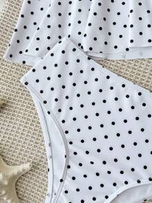 SHEIN Tween Girl Printed Polka Dot Halter Tankini Swimwear Set, Suitable For Beach, Vacation - Black and White - View 7