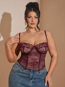SHEIN BAE 大码女式蕾丝拼接性感百搭约会之夜吊带背心 - 酒紅色 - 查看 6