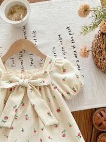 SHEIN Đầm ngắn tay ngắn thắt nơ màu xanh lá cây dễ thương cho bé gái, thích hợp cho kỳ nghỉ hè. - Nhiều màu - Xem 4