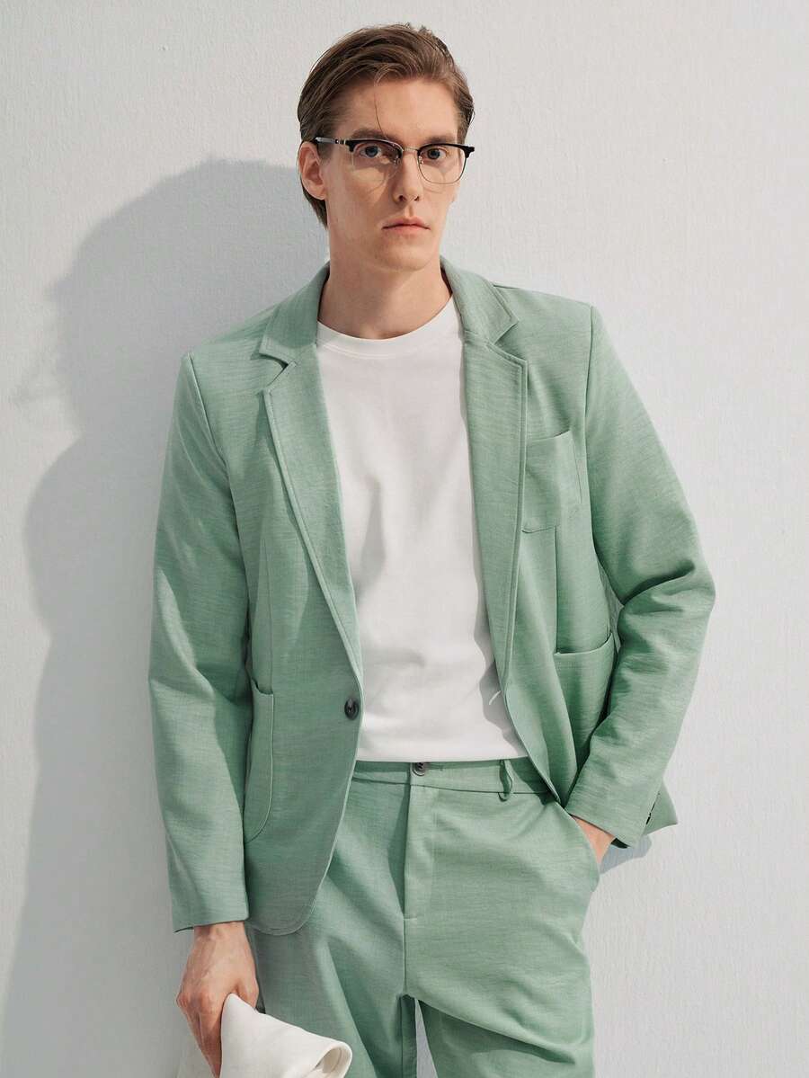 Manfinity CityGents Men's Solid Lapel Collar Casual Suit Set, Spring/Summer, Formal Formal - Green - View 1
