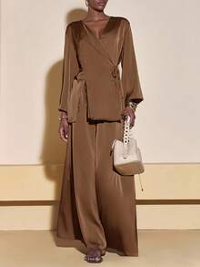 Zivah Coffee Brown,Autumn,Elegant,Dining Women Satin Material Wrap Blouse And Wide Leg Pants 2 Pieces Set,Ladies Fall Fashion Casual Office Outfits - Coffee Brown - View 3