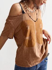 Bohemela Boho Vacation Asymmetrical Shoulder Solid Color Knit Loose Casual T-Shirt For Women - Brown - View 3