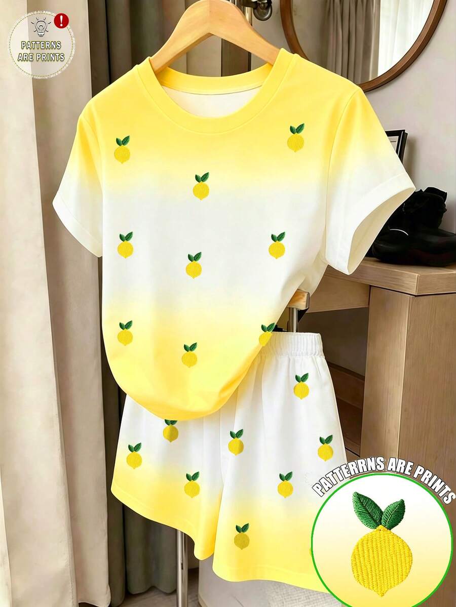 夏季新款渐变黄白刺绣柠檬印花套装,圆领短袖上衣+宽松短裤两件套,柔软亲肤面料,甜美可爱少女风,百搭休闲套装,适合大龄女孩,夏季热门单品 - 彩色 - 查看 1