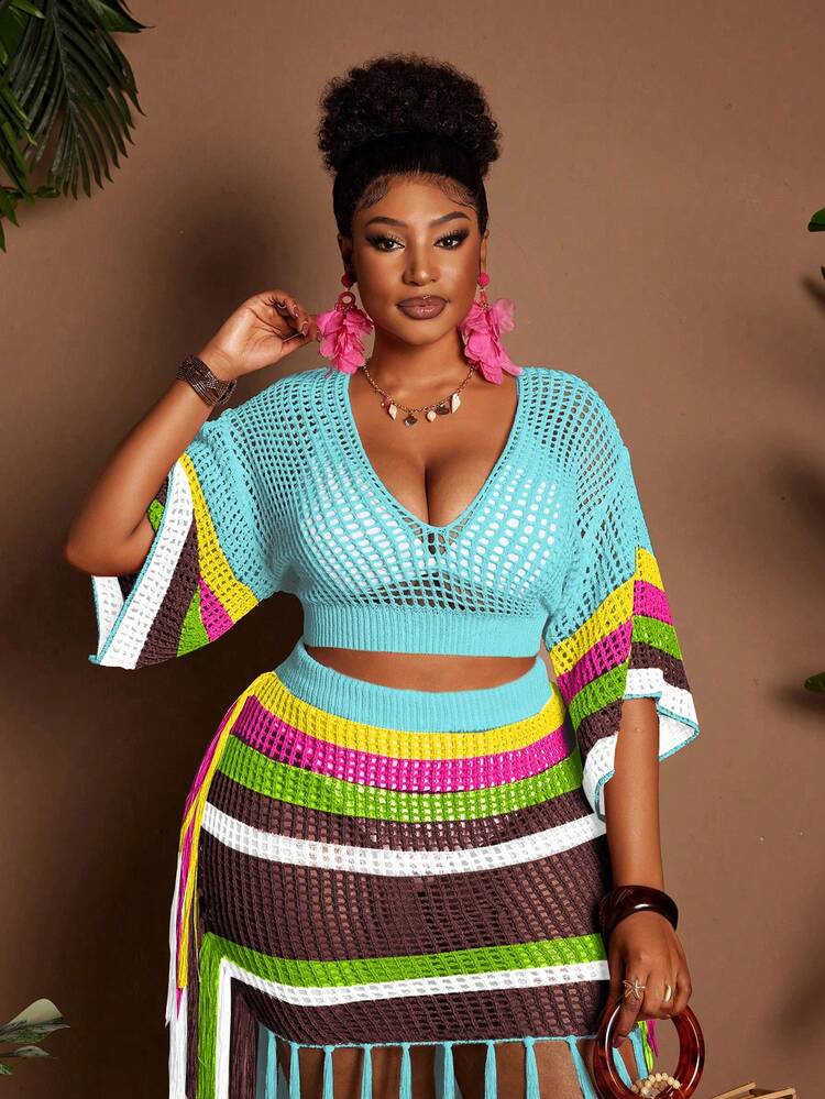 Maweii Plus Size Summer Knit 2-Piece Set,V-Neck Short-Sleeved Top