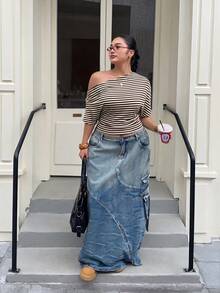 Muchica Plus Size Summer Casual Asymmetric Neck Striped Short Sleeve T-Shirt - Brown - View 4