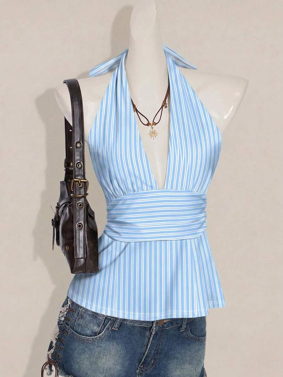 SHEIN ICON Halter Deep V-Neck Cinched Waist A-Line Backless Camisole - Multicolor - View 1