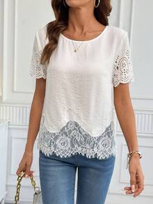 SHEIN Clasi Áo kiểu ren thanh lịch dành cho nữ, thích hợp cho kỳ nghỉ. - Màu be - Xem 4