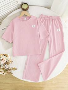 SHEIN 2pcs/Set Tween Girls Casual Loose Comfortable Round Neck Short Sleeve T-Shirt And Pants Set - Pink - View 8