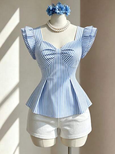 Fine & Folde Nueva llegada Blusa elegante de señorita con diseño de cintura fruncida, manga corta y estampado de rayas azul y blanco